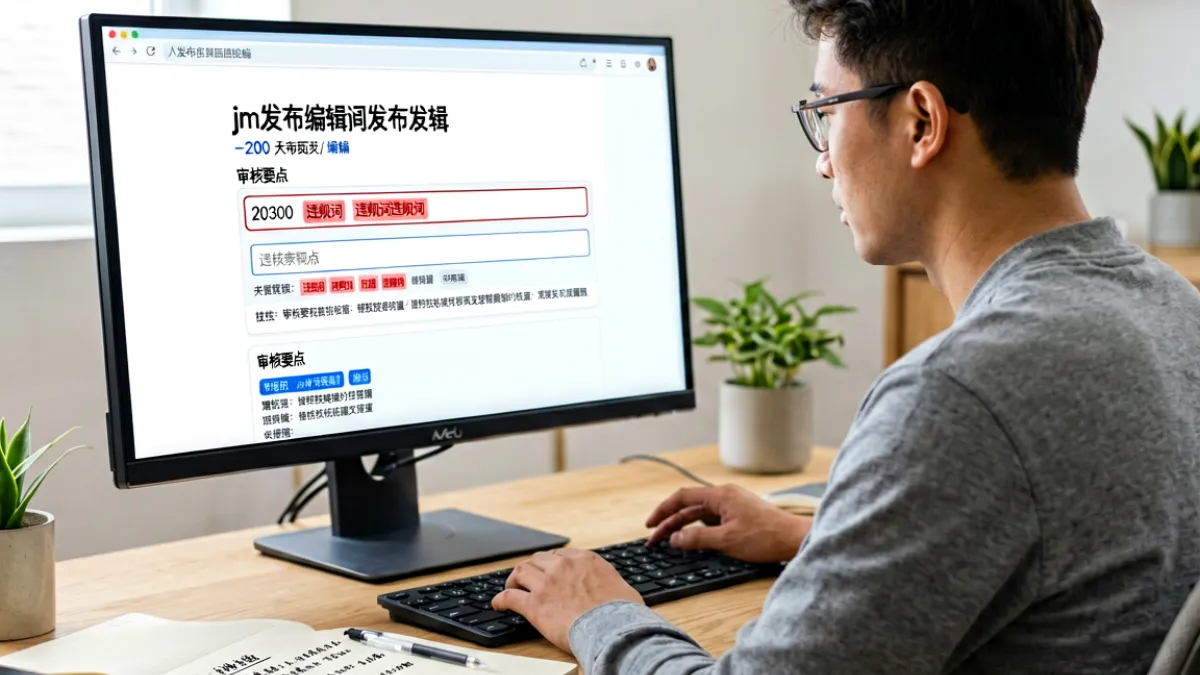 一位创作者在电脑前仔细检查 jm发布页 的内容发布表单，屏幕上显示标题字数统计和违规词提示标记，旁边放着笔记本记录审核要点