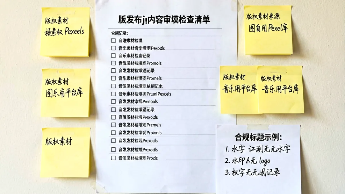 jm发布页内容审核检查清单贴在墙上，旁边是用便签标记的版权素材来源记录和合规标题示例